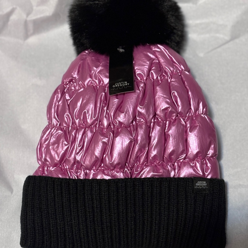 Justin Gregory Puffer Beanie - Metallic Pink with Faux Fur Pom-Pom